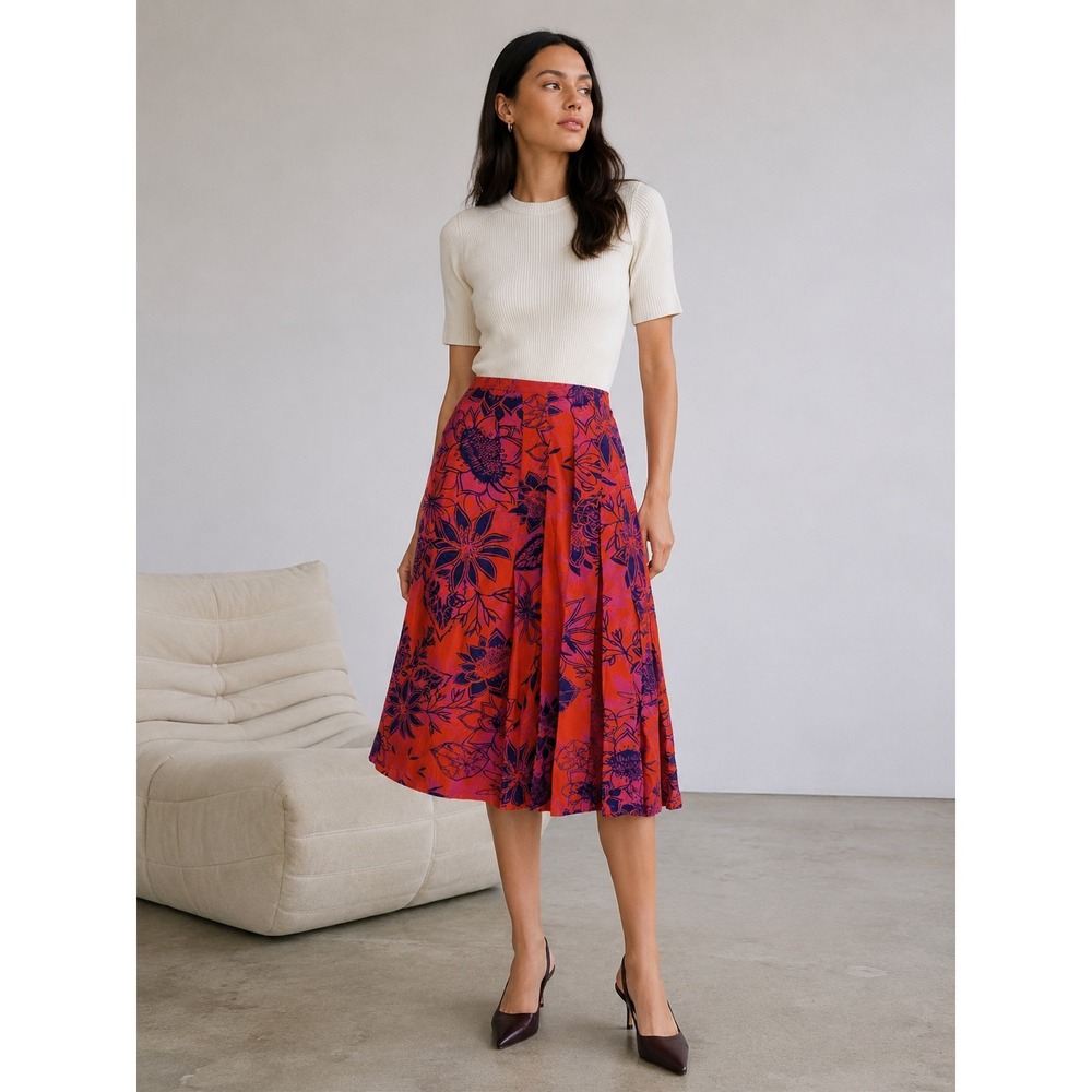 Vintage Escada Orange Floral Pleated Midi Skirt Size 36 Small Made in Germany
